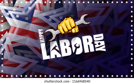 labor day Usa text vector label or horizontal background. vector happy labor day poster or horizontal banner with clenched fist isolated on usa flag background . Labor union icon