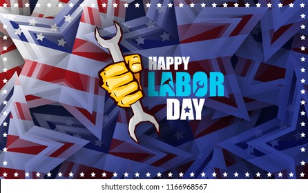 labor day Usa text vector label or horizontal background. vector happy labor day poster or horizontal banner with clenched fist isolated on usa flag background . Labor union icon