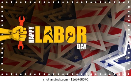 labor day Usa text vector label or horizontal background. vector happy labor day poster or horizontal banner with clenched fist isolated on usa flag background . Labor union icon