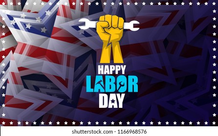 labor day Usa text vector label or horizontal background. vector happy labor day poster or horizontal banner with clenched fist isolated on usa flag background . Labor union icon