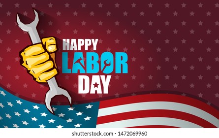 labor day Usa text vector label or horizontal background. vector happy labor day poster or horizontal banner with clenched fist isolated on usa flag background . Labor union icon