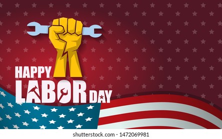 labor day Usa text vector label or horizontal background. vector happy labor day poster or horizontal banner with clenched fist isolated on usa flag background . Labor union icon