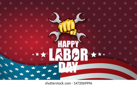 labor day Usa text vector label or horizontal background. vector happy labor day poster or horizontal banner with clenched fist isolated on usa flag background . Labor union icon