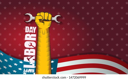 labor day Usa text vector label or horizontal background. vector happy labor day poster or horizontal banner with clenched fist isolated on usa flag background . Labor union icon