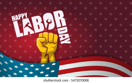 labor day Usa text vector label or horizontal background. vector happy labor day poster or horizontal banner with clenched fist isolated on usa flag background . Labor union icon