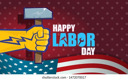 labor day Usa text vector label or horizontal background. vector happy labor day poster or horizontal banner with clenched fist isolated on usa flag background . Labor union icon