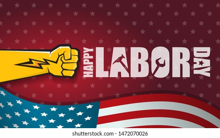 labor day Usa text vector label or horizontal background. vector happy labor day poster or horizontal banner with clenched fist isolated on usa flag background . Labor union icon