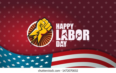 labor day Usa text vector label or horizontal background. vector happy labor day poster or horizontal banner with clenched fist isolated on usa flag background . Labor union icon
