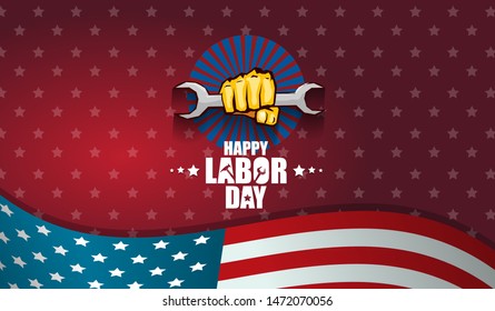 labor day Usa text vector label or horizontal background. vector happy labor day poster or horizontal banner with clenched fist isolated on usa flag background . Labor union icon