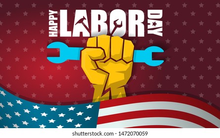 labor day Usa text vector label or horizontal background. vector happy labor day poster or horizontal banner with clenched fist isolated on usa flag background . Labor union icon