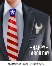 Labor day in USA vector greeting card with man in suit with tie and tool key in the pocket as a symbol of job work and labor also business and working for banner poster banner