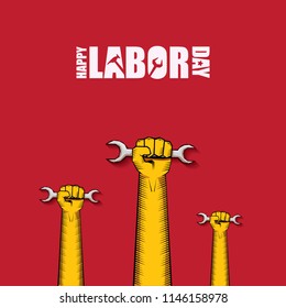 labor day Usa vector label or background. vector happy labor day poster or banner with clenched fist isolated on red . Labor union icon