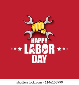 labor day Usa vector label or background. vector happy labor day poster or banner with clenched fist isolated on red . Labor union icon