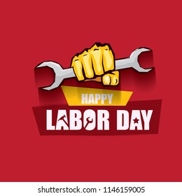 labor day Usa vector label or background. vector happy labor day poster or banner with clenched fist isolated on red . Labor union icon