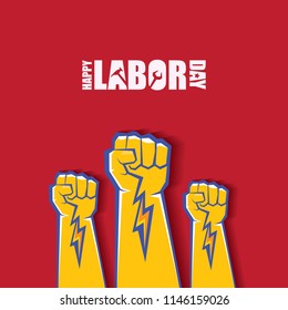 labor day Usa vector label or background. vector happy labor day poster or banner with clenched fist isolated on red . Labor union icon