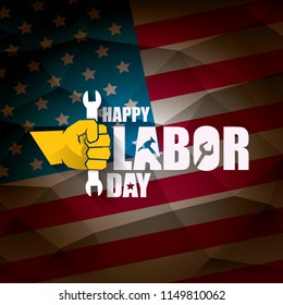 labor day Usa vector label or background. vector happy labor day poster or banner with clenched fist isolated on usa flag background . Labor union icon