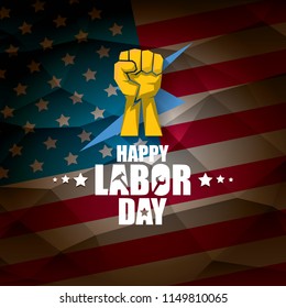 labor day Usa vector label or background. vector happy labor day poster or banner with clenched fist isolated on usa flag background . Labor union icon