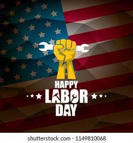 labor day Usa vector label or background. vector happy labor day poster or banner with clenched fist isolated on usa flag background . Labor union icon