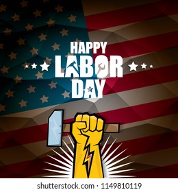 labor day Usa vector label or background. vector happy labor day poster or banner with clenched fist isolated on usa flag background . Labor union icon