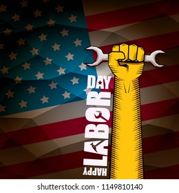 labor day Usa vector label or background. vector happy labor day poster or banner with clenched fist isolated on usa flag background . Labor union icon