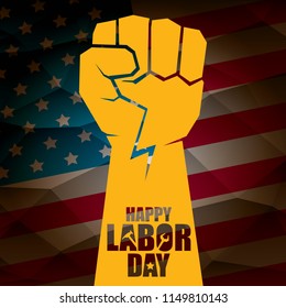 labor day Usa vector label or background. vector happy labor day poster or banner with clenched fist isolated on usa flag background . Labor union icon