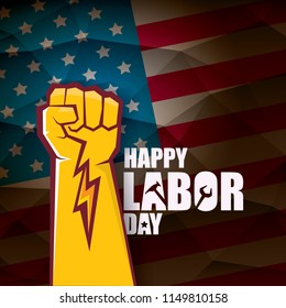 labor day Usa vector label or background. vector happy labor day poster or banner with clenched fist isolated on usa flag background . Labor union icon