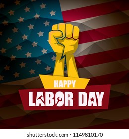 labor day Usa vector label or background. vector happy labor day poster or banner with clenched fist isolated on usa flag background . Labor union icon