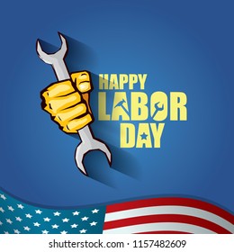 labor day Usa vector label or background. vector happy labor day poster or banner with clenched fist isolated on usa flag background . Labor union icon