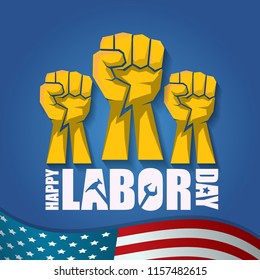 labor day Usa vector label or background. vector happy labor day poster or banner with clenched fist isolated on usa flag background . Labor union icon