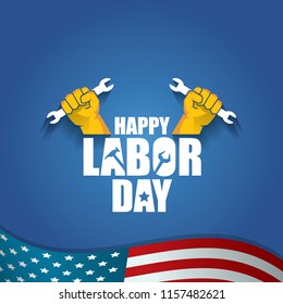 labor day Usa vector label or background. vector happy labor day poster or banner with clenched fist isolated on usa flag background . Labor union icon