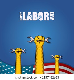 labor day Usa vector label or background. vector happy labor day poster or banner with clenched fist isolated on usa flag background . Labor union icon