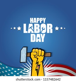labor day Usa vector label or background. vector happy labor day poster or banner with clenched fist isolated on usa flag background . Labor union icon