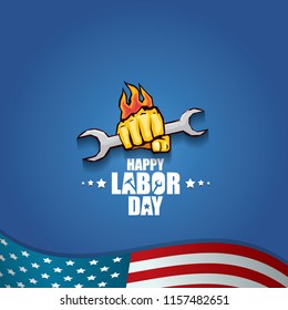 labor day Usa vector label or background. vector happy labor day poster or banner with clenched fist isolated on usa flag background . Labor union icon