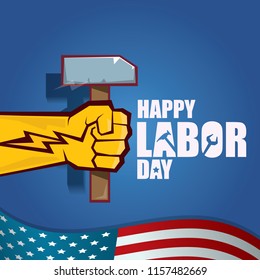 labor day Usa vector label or background. vector happy labor day poster or banner with clenched fist isolated on usa flag background . Labor union icon