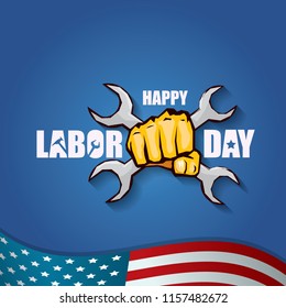 labor day Usa vector label or background. vector happy labor day poster or banner with clenched fist isolated on usa flag background . Labor union icon