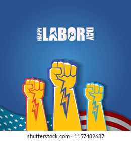 labor day Usa vector label or background. vector happy labor day poster or banner with clenched fist isolated on usa flag background . Labor union icon
