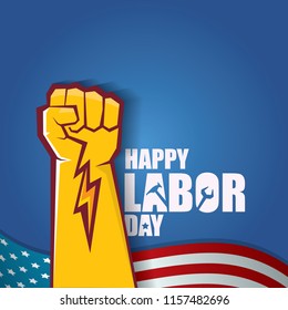 labor day Usa vector label or background. vector happy labor day poster or banner with clenched fist isolated on usa flag background . Labor union icon