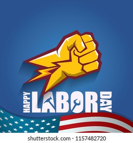 labor day Usa vector label or background. vector happy labor day poster or banner with clenched fist isolated on usa flag background . Labor union icon