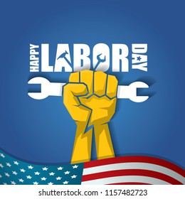 labor day Usa vector label or background. vector happy labor day poster or banner with clenched fist isolated on usa flag background . Labor union icon