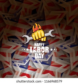 labor day Usa vector label or background. vector happy labor day poster or banner with clenched fist isolated on usa flag background . Labor union icon