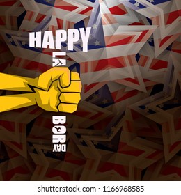labor day Usa vector label or background. vector happy labor day poster or banner with clenched fist isolated on usa flag background . Labor union icon
