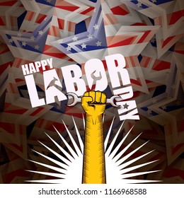 labor day Usa vector label or background. vector happy labor day poster or banner with clenched fist isolated on usa flag background . Labor union icon