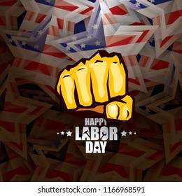 labor day Usa vector label or background. vector happy labor day poster or banner with clenched fist isolated on usa flag background . Labor union icon