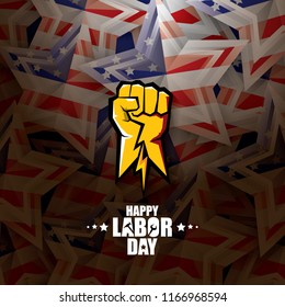 labor day Usa vector label or background. vector happy labor day poster or banner with clenched fist isolated on usa flag background . Labor union icon