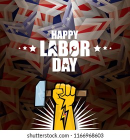 labor day Usa vector label or background. vector happy labor day poster or banner with clenched fist isolated on usa flag background . Labor union icon