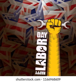 labor day Usa vector label or background. vector happy labor day poster or banner with clenched fist isolated on usa flag background . Labor union icon