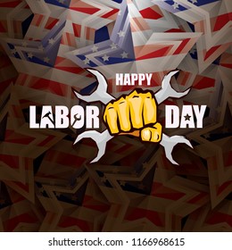 labor day Usa vector label or background. vector happy labor day poster or banner with clenched fist isolated on usa flag background . Labor union icon