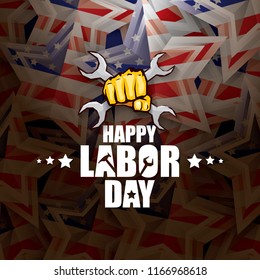 labor day Usa vector label or background. vector happy labor day poster or banner with clenched fist isolated on usa flag background . Labor union icon