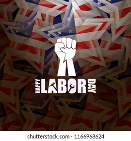 labor day Usa vector label or background. vector happy labor day poster or banner with clenched fist isolated on usa flag background . Labor union icon