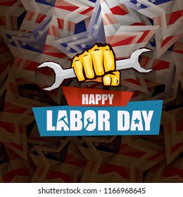 labor day Usa vector label or background. vector happy labor day poster or banner with clenched fist isolated on usa flag background . Labor union icon